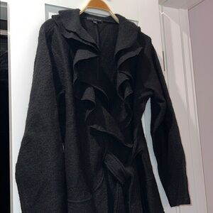Elena Solano Boiled Wool Ruffle Wrap Jacket Black Cottagecore Artsy Lagenlook-XL